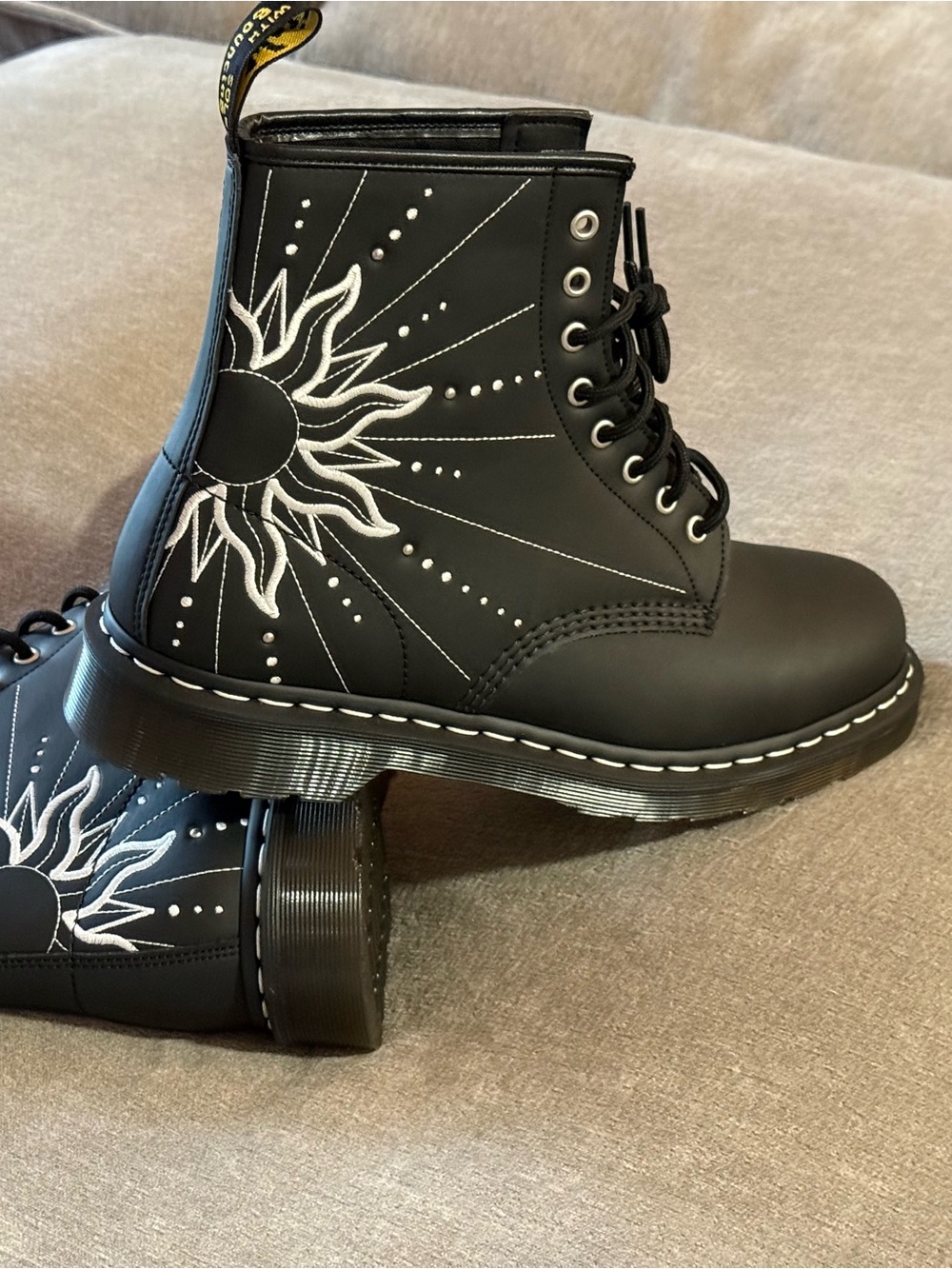 Dr. Martens Black Combat Boots with White Sun Embroidery